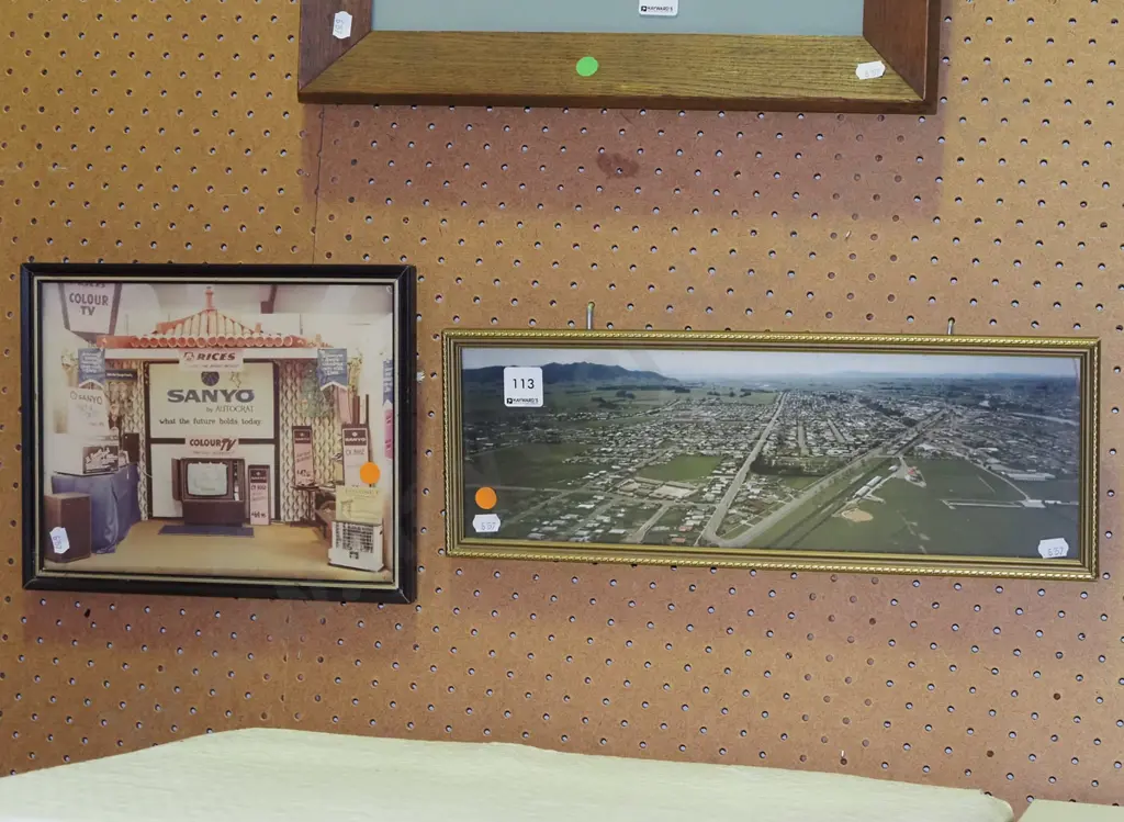 2x framed photo prints - Sanyo TV display, aerial photograph - orange dots Image 1++