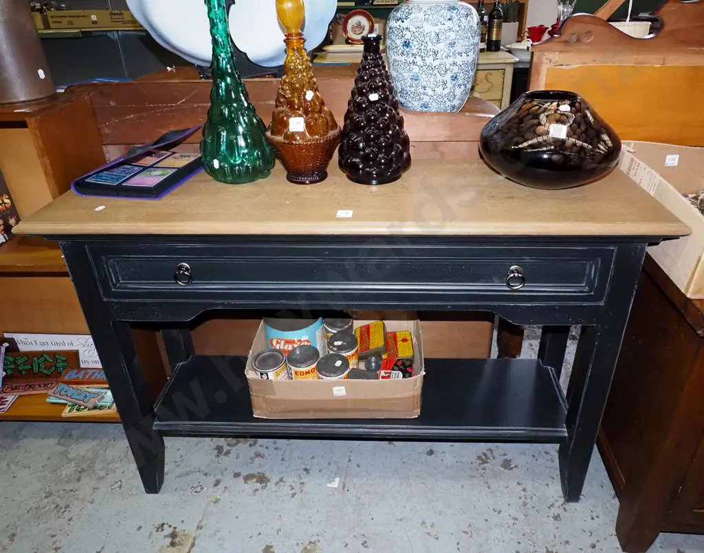 solid wood and grey painted single drawer 2 tier hall table H770 W1000 D320 Image 1++