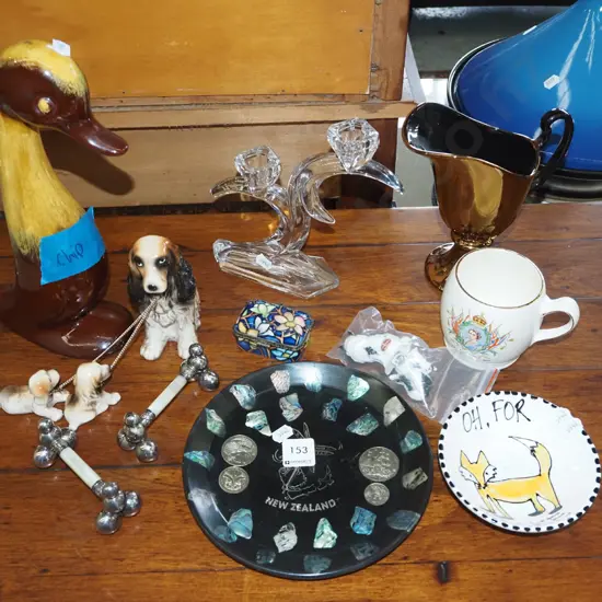 all over gold jug, coronation cup, paua plate, knife rests etc