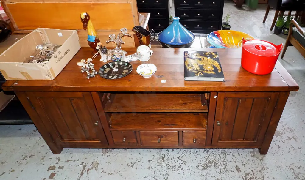 solid wood entertainment unit with 2 doors, 3 drawers, cast metal knobs H650 W1600 D450 Image 1++