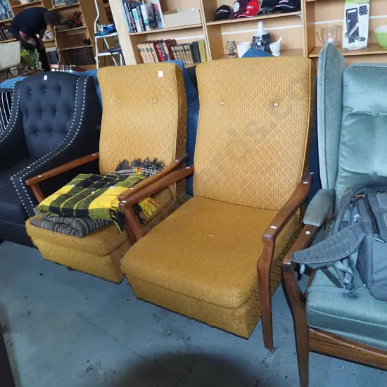 2x mid century wood armchairs - fabric is pilled