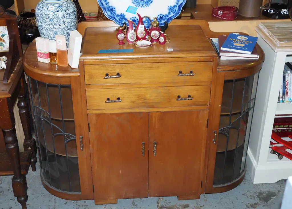 deco china cabinet - 2 drawer, 2 doors, curved leadlight glazed end doors H950 W1250 D450 Image 1++