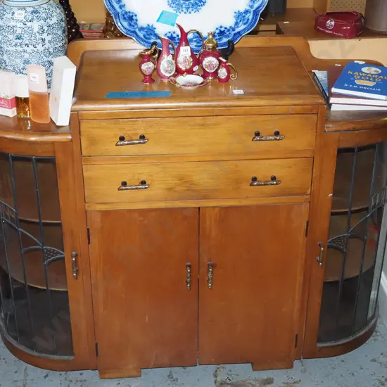 deco china cabinet - 2 drawer, 2 doors, curved leadlight glazed end doors H950 W1250 D450