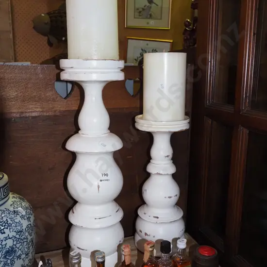 2x large turned wood candlesticks Tallest H470