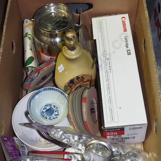 box; printer cartridge, lamp base, small milk pail etc