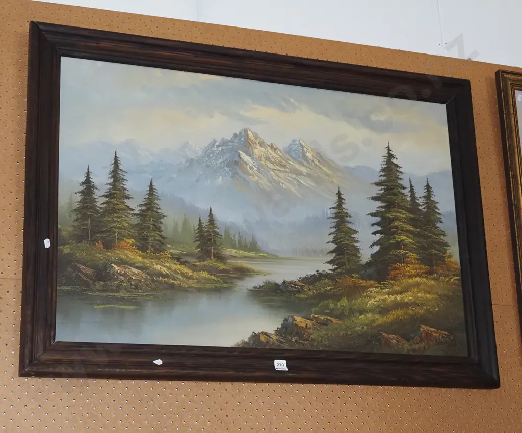 framed oil on board - lake and mountain scene Image 1++