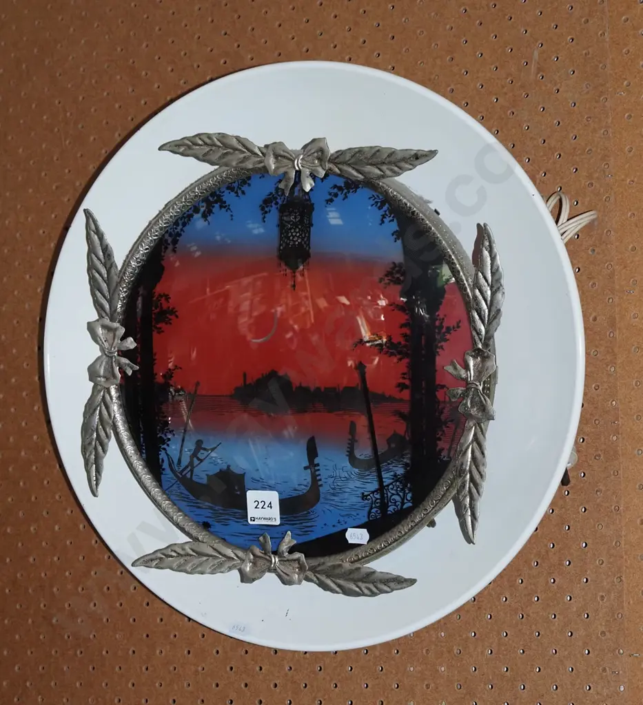 retro wrought metal and glass illuminated wall art - Venice and gondalas  As Is No Returns Diam430 Image 1++