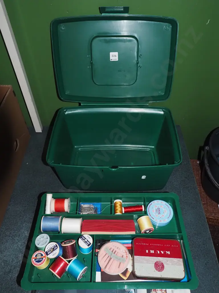 green plastic sewing box and contents Image 1++