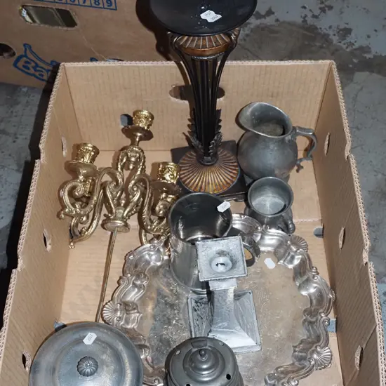 box; plated ware, pewter tankard etc