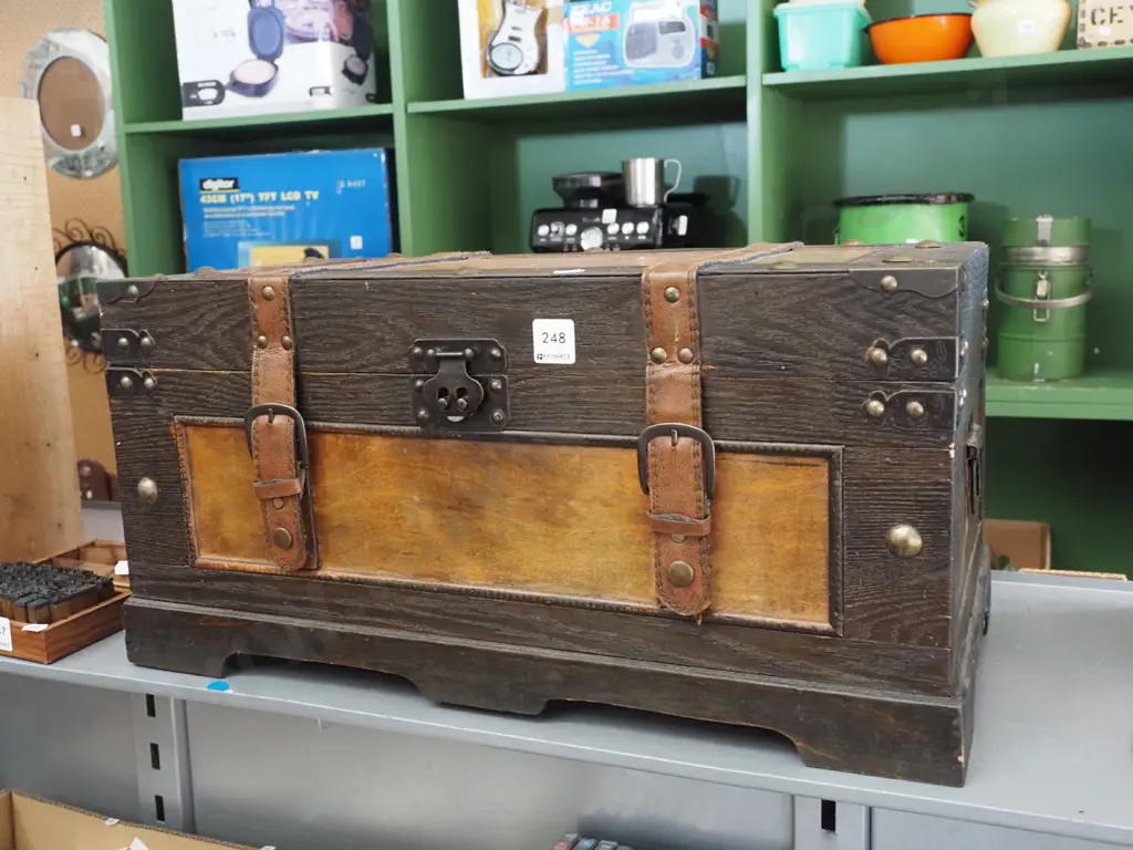 reproduction wooden chest with vinyl straps H270 W555 D275 Image 1++