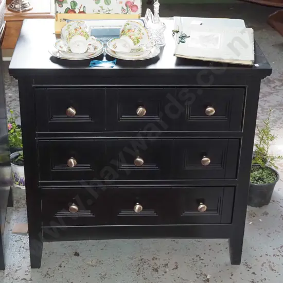 black painted wooden modern 3 drawer chest with 9 cast alloy handles H720 W740 D435