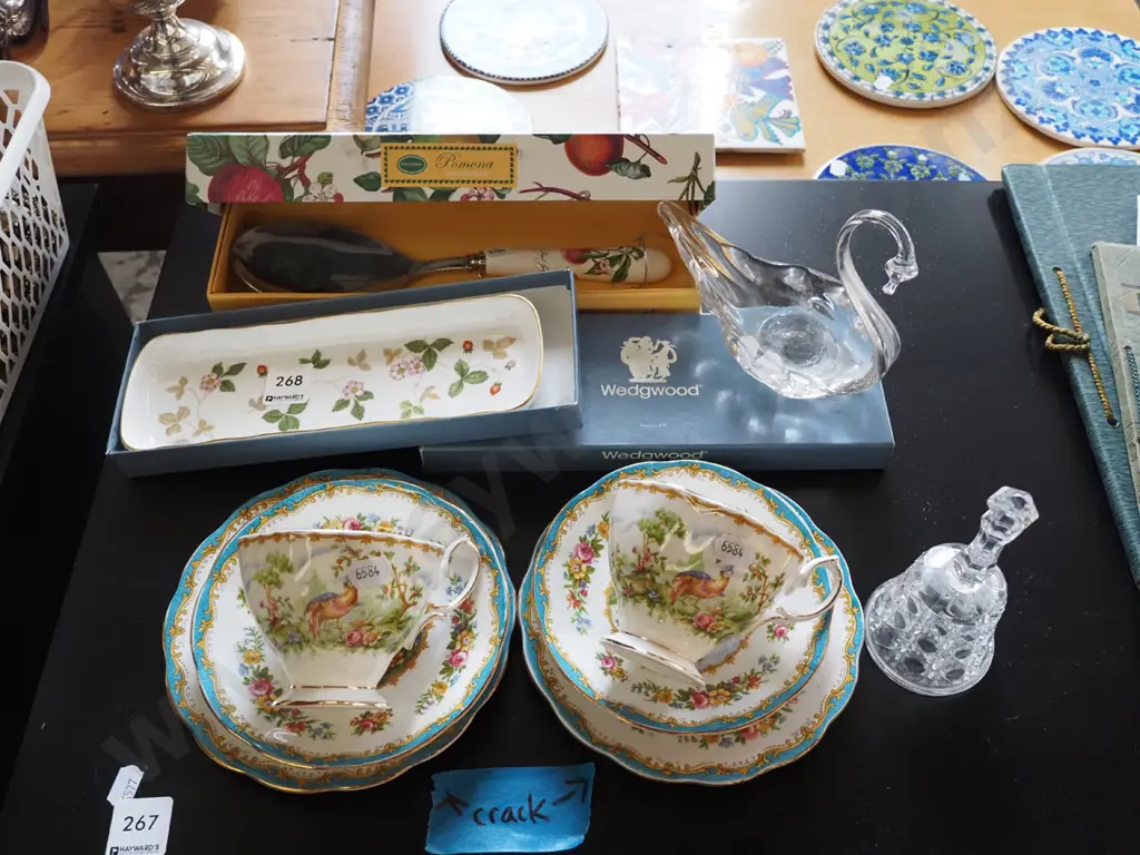 Portmeirion serving spoon, Wedgwood dish, glass bell, swan, 2x Royal Albert trios - cracks Image 1++