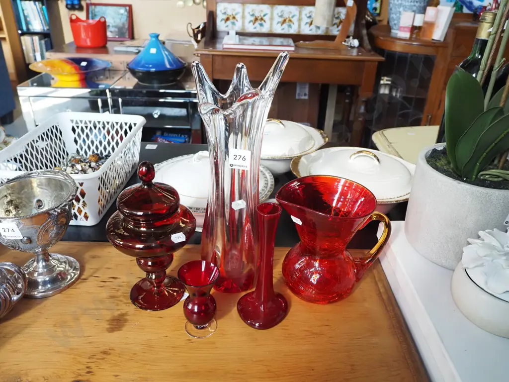 ruby glass vases, lidded canister, jug Tallest vase H300 Image 1++