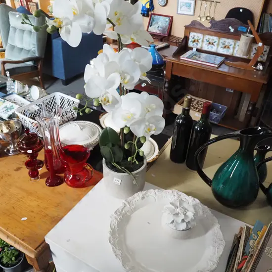 faux orchids, ashet, ceramic floral themed truiket box