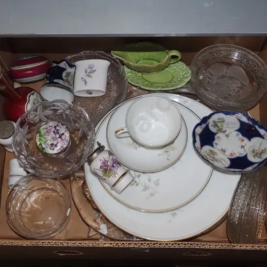 box; crystal comport, bowls, gravy boat etc