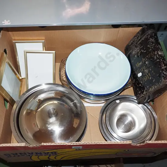 box; pyrex casseroles, enamel bowls etc