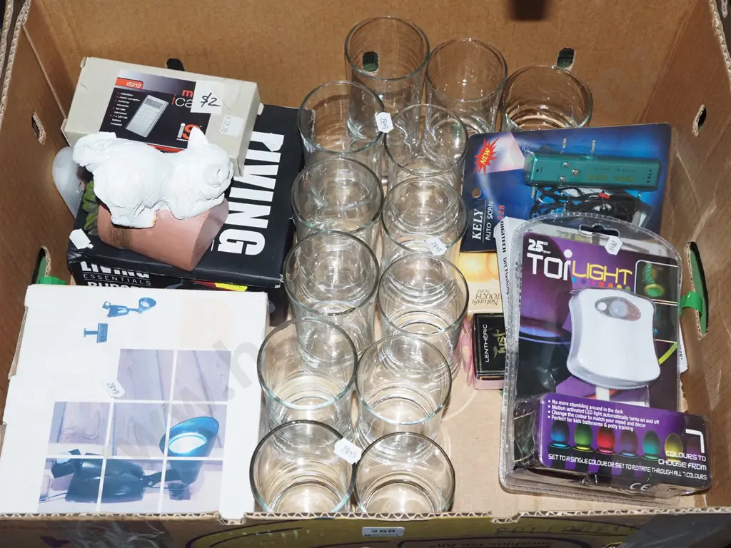 box; glass tumblers, cat figurine, security light etc Image 1++