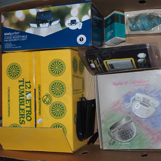 box; glass tumblers, security light, calculator etc