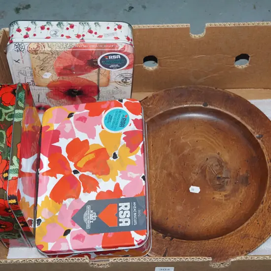 box; turned wooden elm, plate, 3x tins