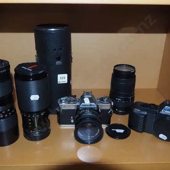 Minolta 35mm film camera, Canon T50 film camera, additional lenses, lens bag