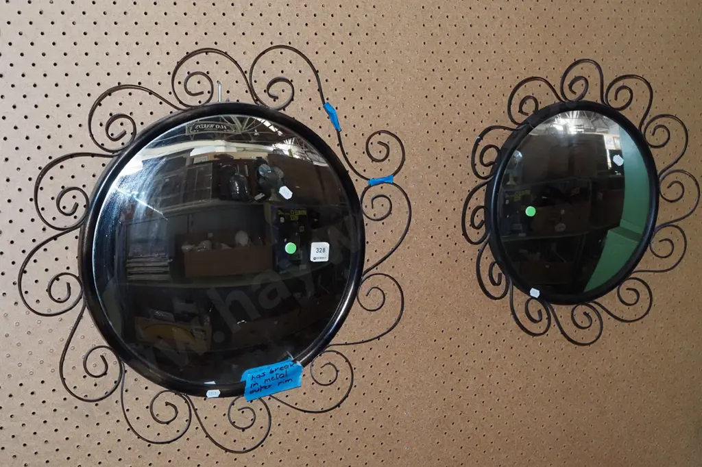 2x mid century wrought metal circular wall mirrors - 1 has damage to fretwork - green dots Image 1++