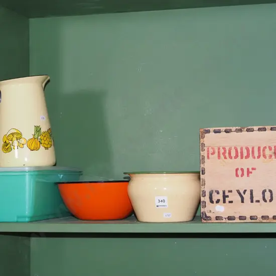 shelf; tea box, bowls, tupperware etc