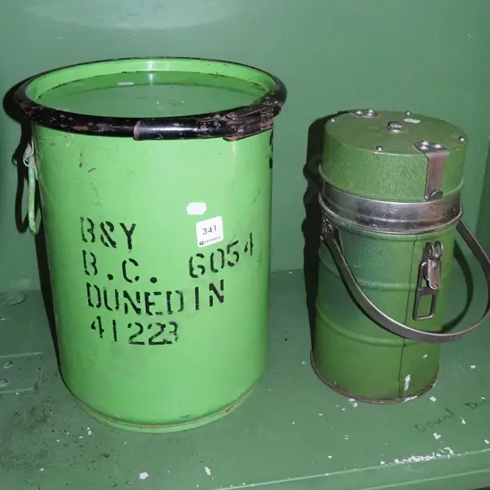 green painted lidded pail, vintage thermos Pail H340