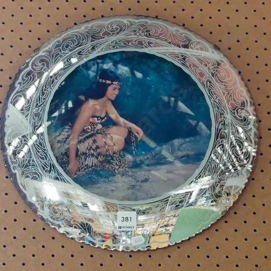 retro convex mirror framed Maori souvenir print