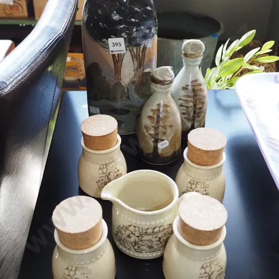 studio pottery bottles, vase, Crown Lynn creamer, 4x storage canisters
