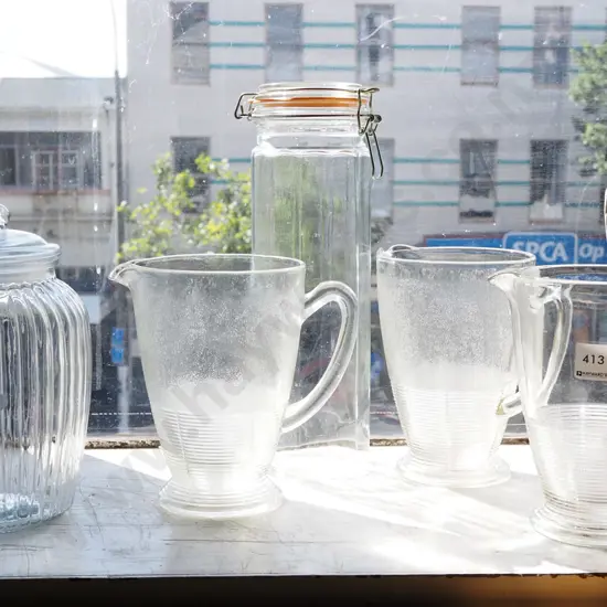assorted glass ware; jugs, canisters H320