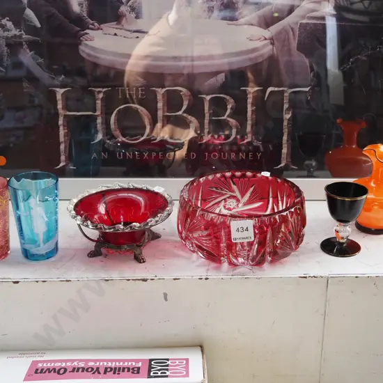 ruby glass bowl, Mary Gregory style tumbler, small orange jug etc Jug H120