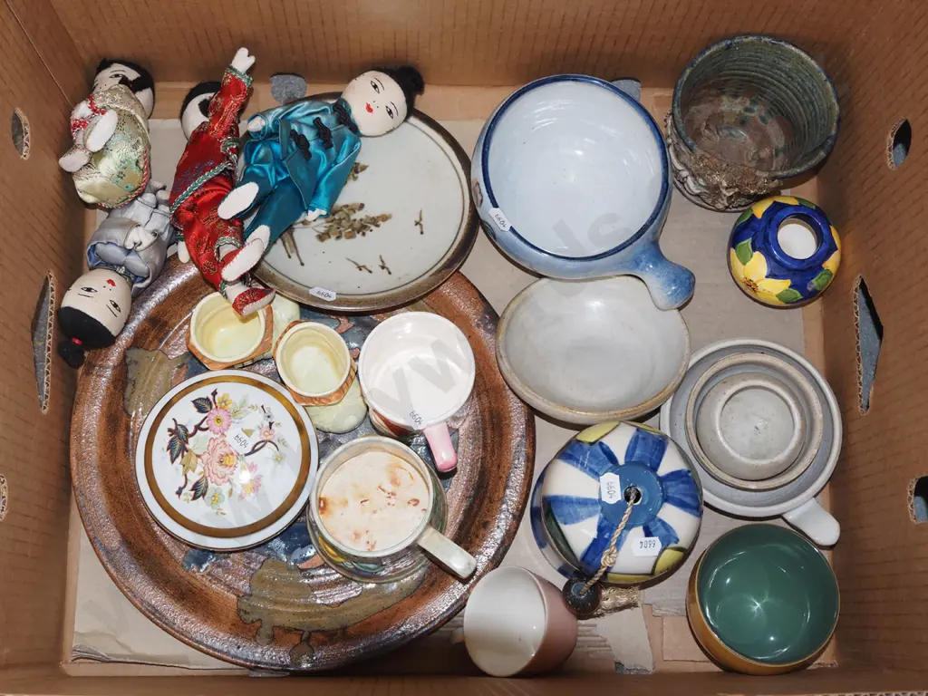 box; coffee cups, dolls, studio pottery plate etc Image 1++
