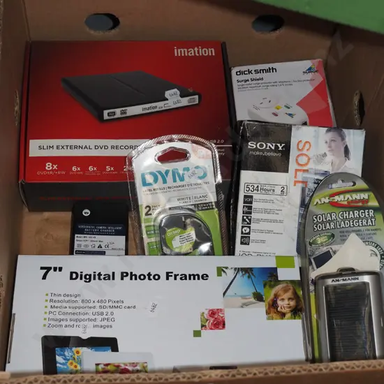 box; DVDrecorder, photo frames digital, solar powered charger etc