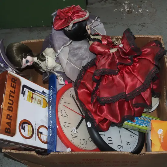 box; clocks, retro dolls, optics etc