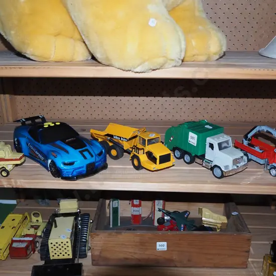 shelf of toy vehicles