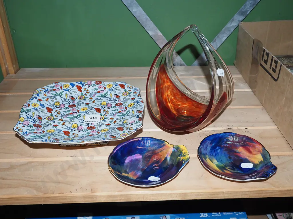 Grimwades footed plate, pin dishes, art glass basket Image 1++