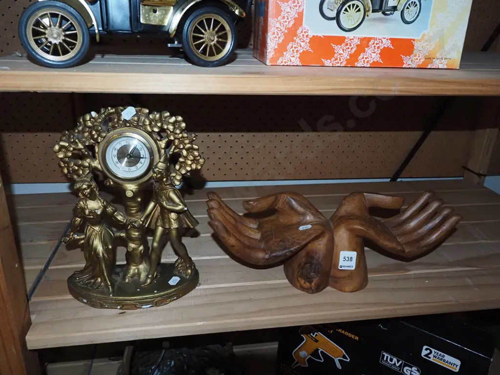 figural gilt romance scene clcok, carved wooden hands Clock H250 Image 1++