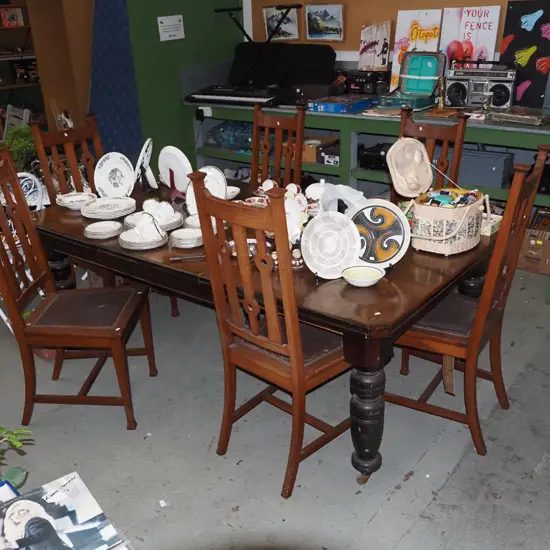 vintage NZ colonial wind-out turned leg dining table with 6 slat-back chairs - needs attention H735 W2110 D1230