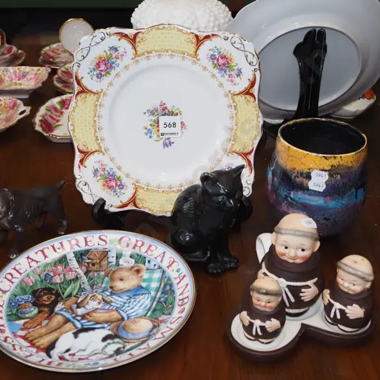 Hummel monk condiment set, dog figurine, pottery vase etc