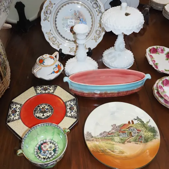 assorted plates, milk glass items, Maling bowl etc