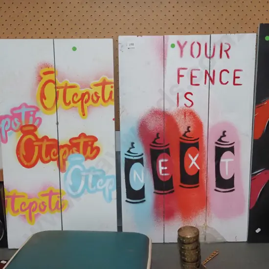 4x framed stencil prints on board - green dots