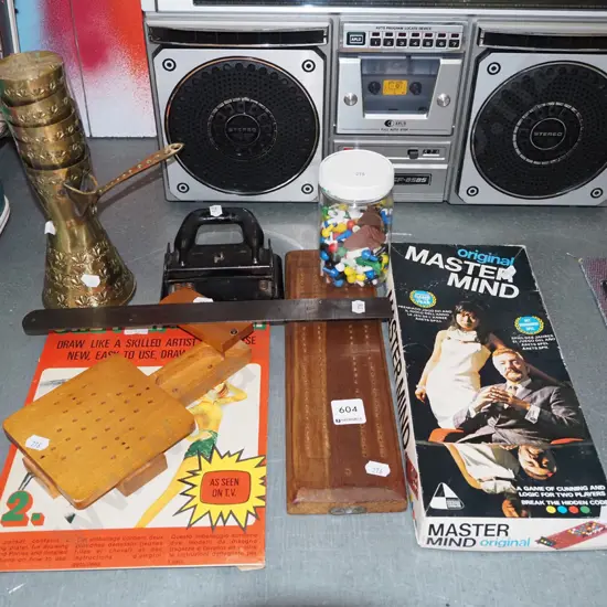 mastermind game, cribbage scorer, brass coffee set etc