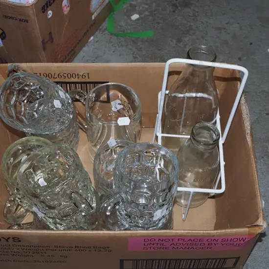 box; milk bottles, beer glasses