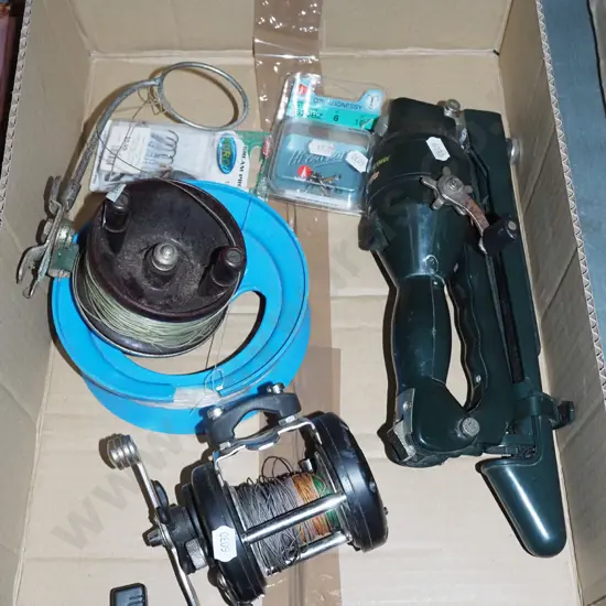 box; fishing reels, fishing lines, flying lure fishing reel