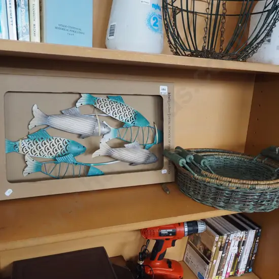 garden metal fish wall art, 3x woven cane trays