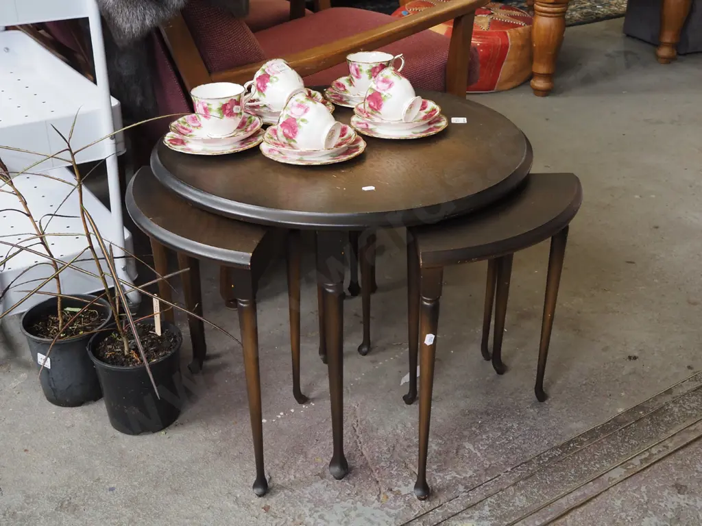 dark stained oak veneer circular nest of 5 tables Image 1++