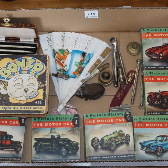 box; automotive books, fan, bridge pens etc
