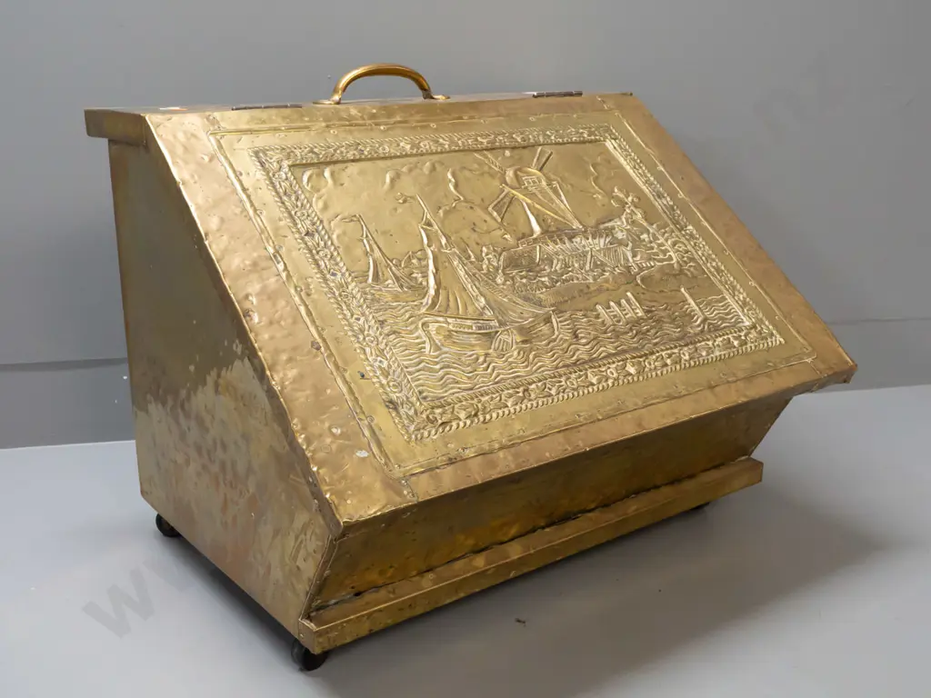 vintage beaten brass over timber windmill and yacht motif coal bin with hinged lid, galvanised liner, brass top handle, Image 1++