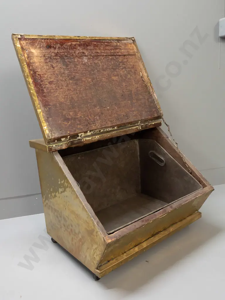 vintage beaten brass over timber windmill and yacht motif coal bin with hinged lid, galvanised liner, brass top handle, Image 1++