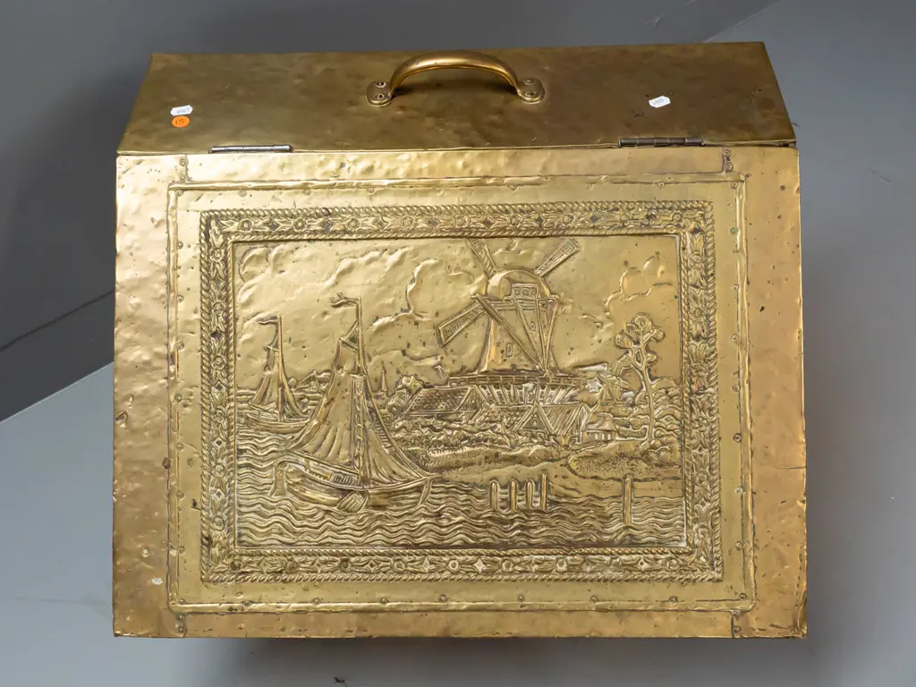 vintage beaten brass over timber windmill and yacht motif coal bin with hinged lid, galvanised liner, brass top handle, Image 1++